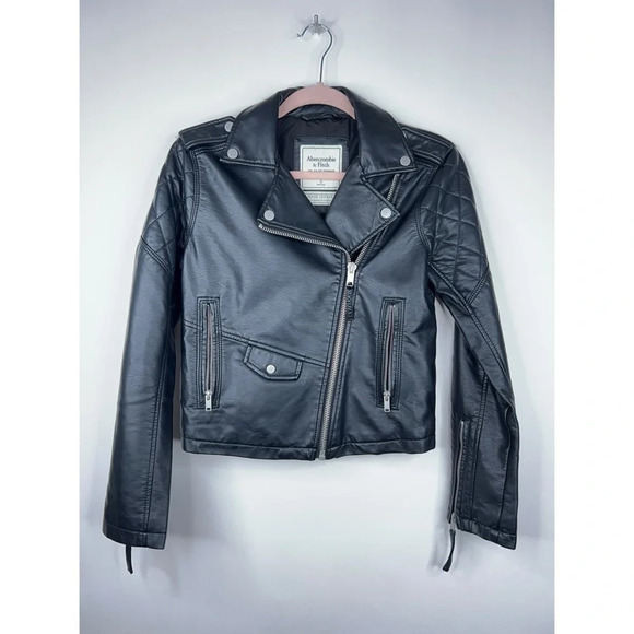 Abercrombie & Fitch Vegan Leather Moto Jacket Black Zip Up Biker Size Small - Picture 1 of 10